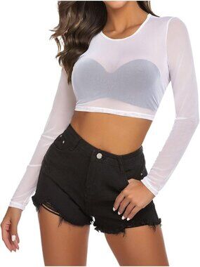 Women's A-White Sexy Crop Top Mesh Long Sleeve See Through Clubwear Sheer